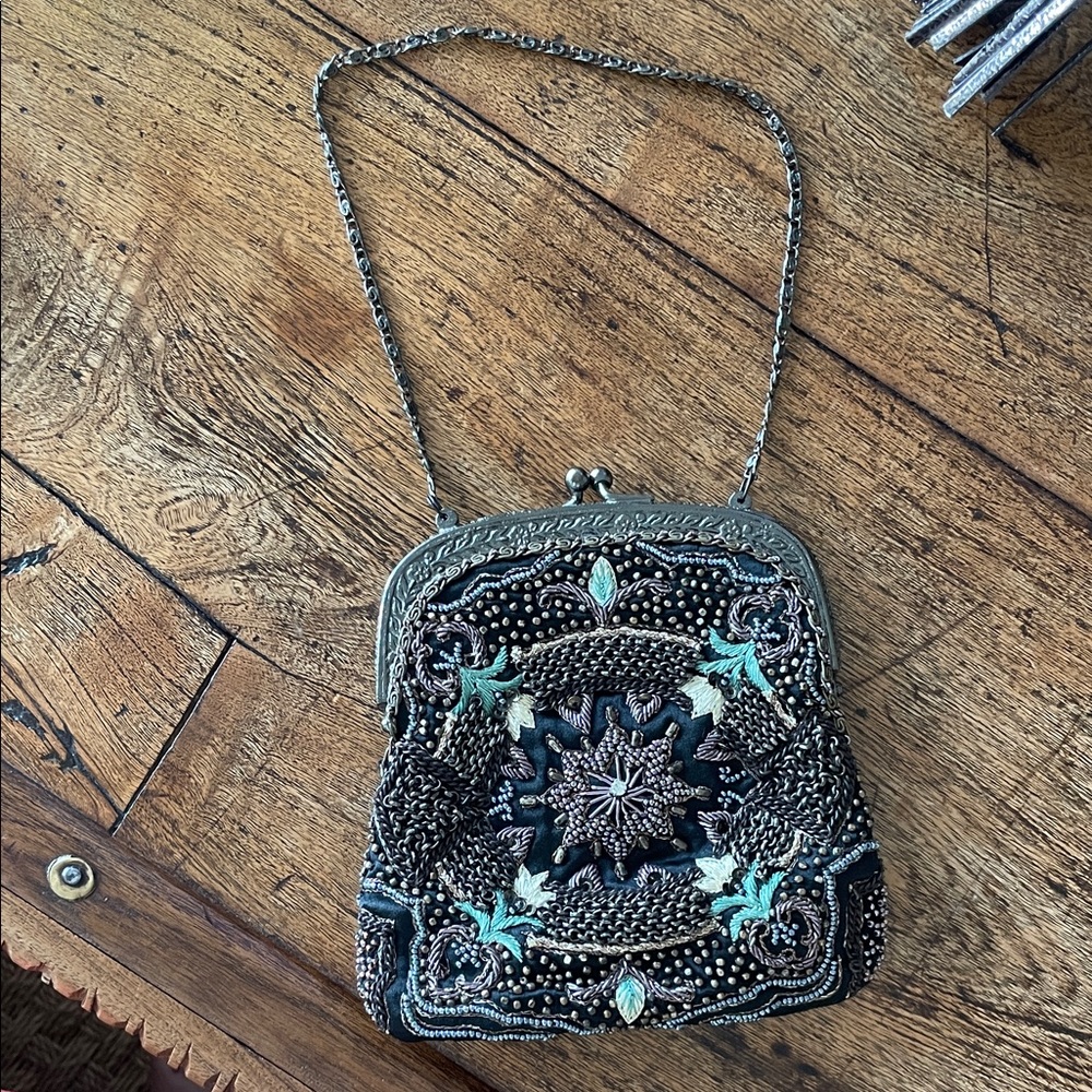 Embroidered Beaded Evening Bag in Black and Teal